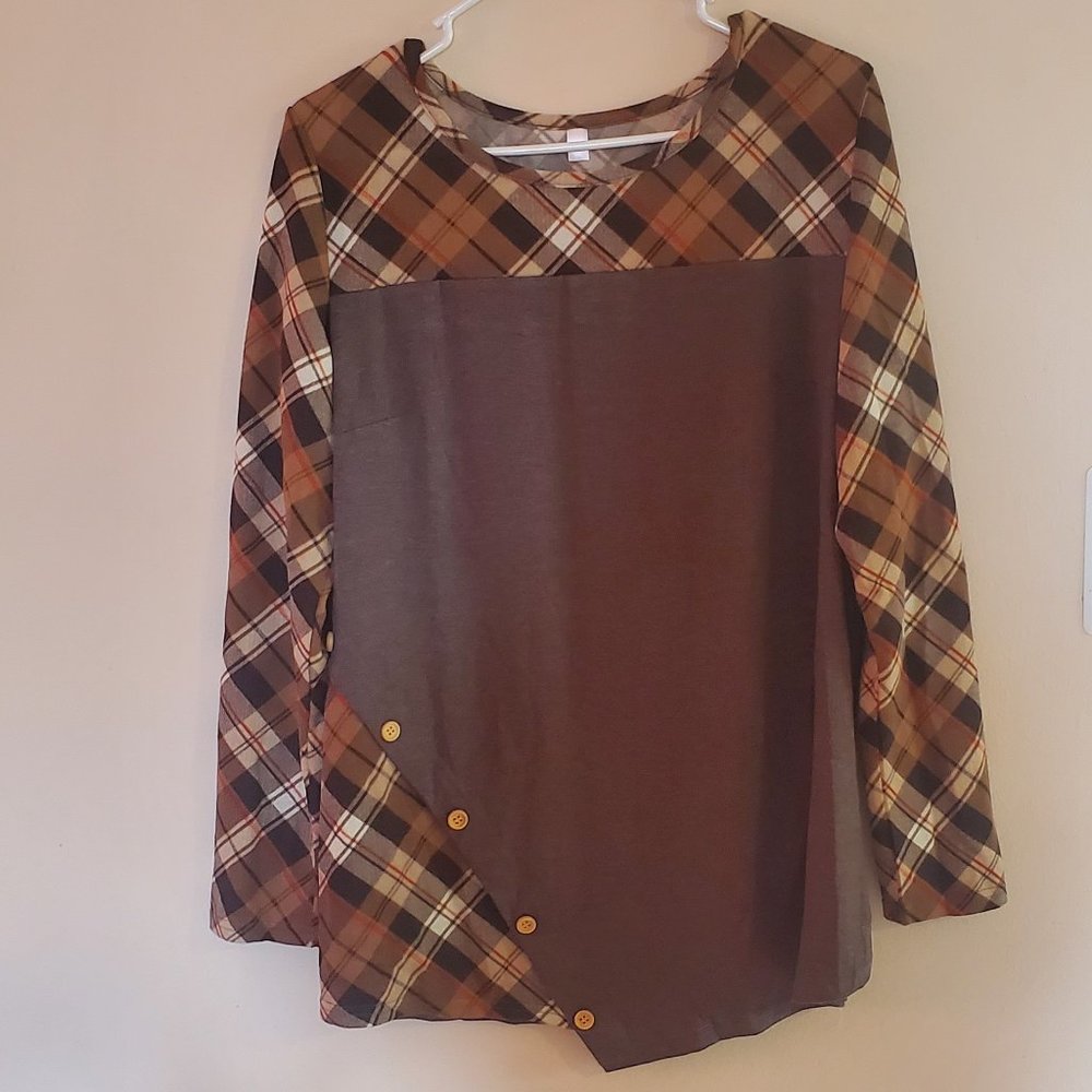 Brown Plaid + Gray Asymmetrical Shirt - Women's Large/12-14